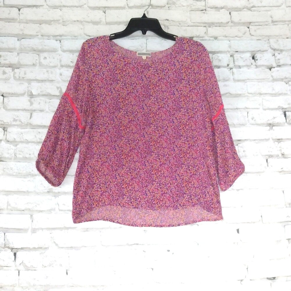 Pleione Womens Top Small Floral Blue Pink Crochet Boho 3/4 Sleeve Rayon